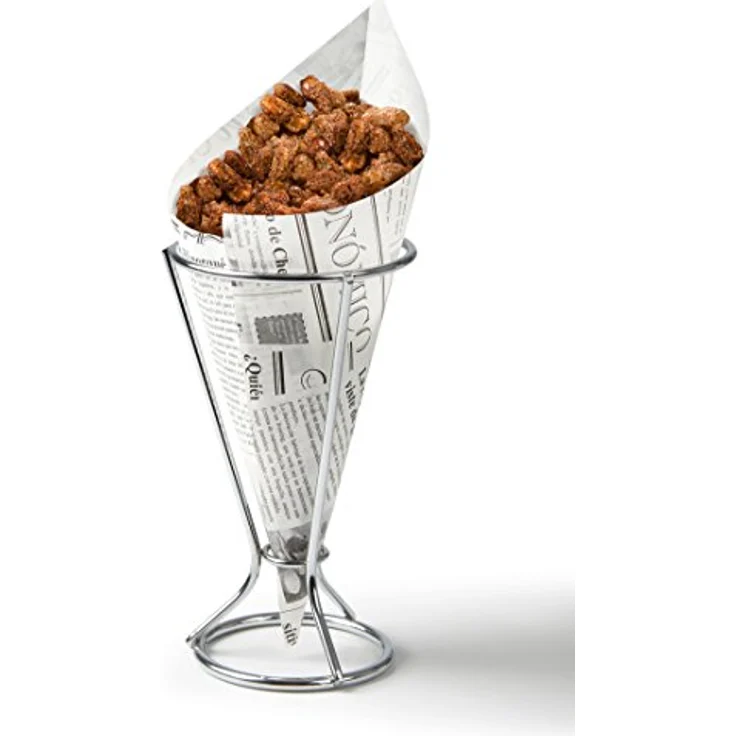 Fackelmann Fingerfoodhalter mit Spitztüten, Pommeshalter inklusive 5 fettabweisenden Papiertüten, Snackständer mit Tüten im Zeitungsdesign (Farbe: Silber, Weiß/Schwarz), Menge: 1 x Halter, 5 x Tüten – Bild 3