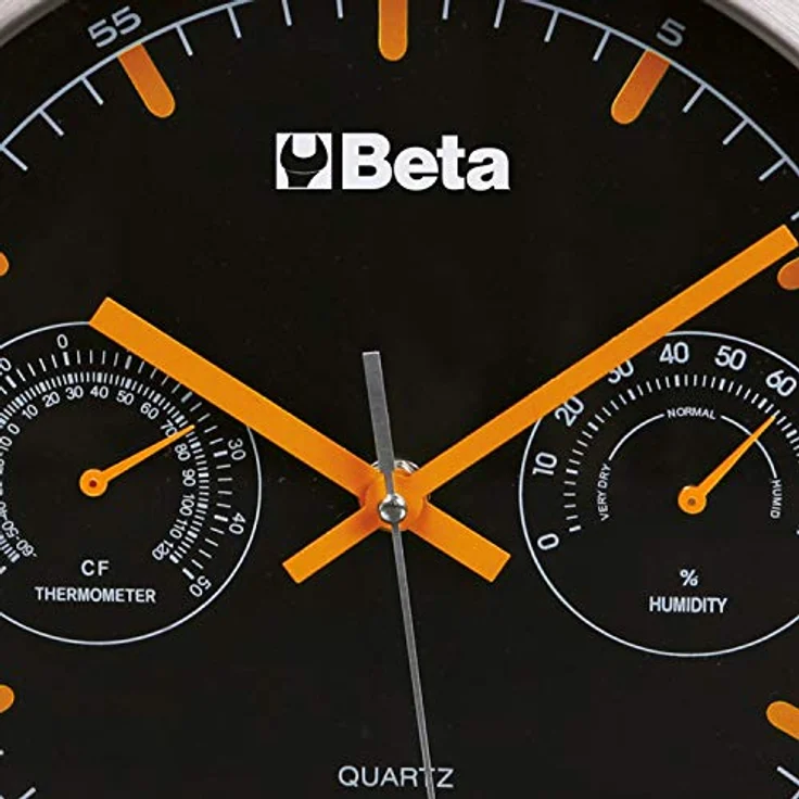Beta 9594 Wanduhr mit Thermometer und Luftfeuchtigkeitsmesser, Multifunktionale Quarzuhr für die Werkstatt (26 cm Durchmesser, misst Temperatur und Luftfeuchtigkeit), Schwarz/Orange/Silber – Bild 2