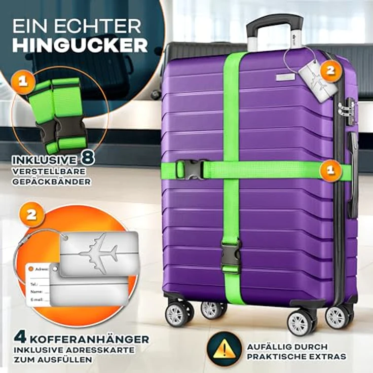 tillvex® Reisekoffer Set 4-TLG. Hartschalenkoffer S-M-L-XL mit Gepäckwaage, 8 Koffergurten, 4 Kofferanhängern, TSA Schloss, lila – Bild 2
