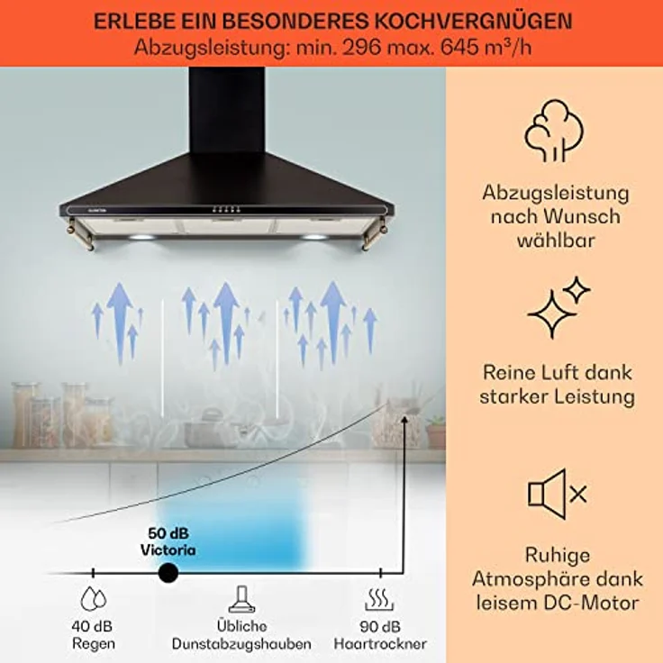 Klarstein Dunstabzugshaube für die Küche, Abzugshaube Umluft/Abluft, Dunstabzugshaube 90 cm, Dunstabzugshaube mit Spülmaschinenfestem Filter, Dunstabzug Leise, Dunstabzugshauben mit 645m³/h Luftstrom – Bild 3