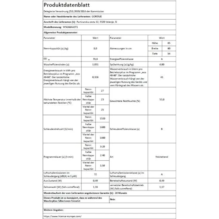 Gorenje W5G684A3T1 Waschmaschine, 8 kg, 1400 U/Min., WIFI, Steam Tech, 15 Programme, weiß – Bild 13