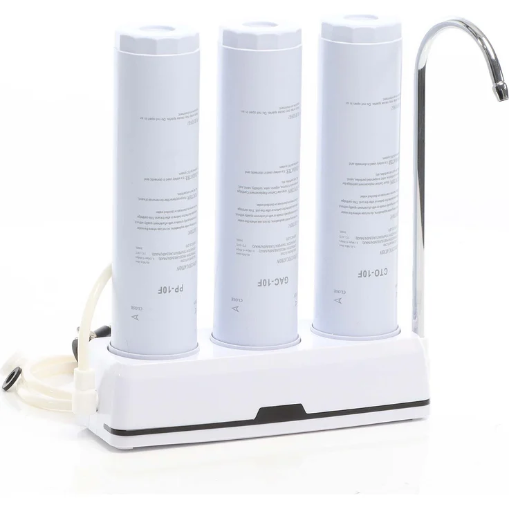 Naturewater NW-3-PPGACCTO 3 Stufen Counter Top Wasserfilter, 5 µ, PP Sediment, Aktivkohle Granulat, Aktivkohle Block Filtereinsatz, mit Universaladapter, Wasserhahn, naturewater