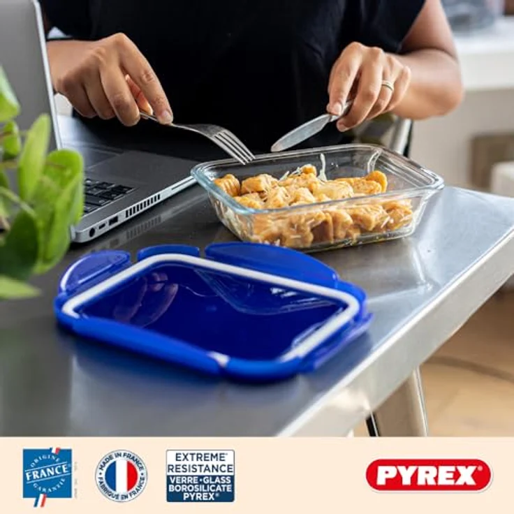 Pyrex Cook & Go, Stapelbares luftdichtes Küchenbehälterset, rechteckig, 5 Stück, 0,8 L, Blau – Bild 4