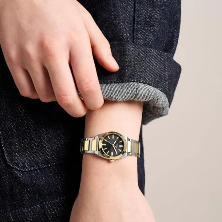 Fossil Everett Damen 27MM Zweifarbige Edelstahluhr mit schwarzem Sunray-Zifferblatt und kratzfestem Mineralglas, ES5495 – Bild 2