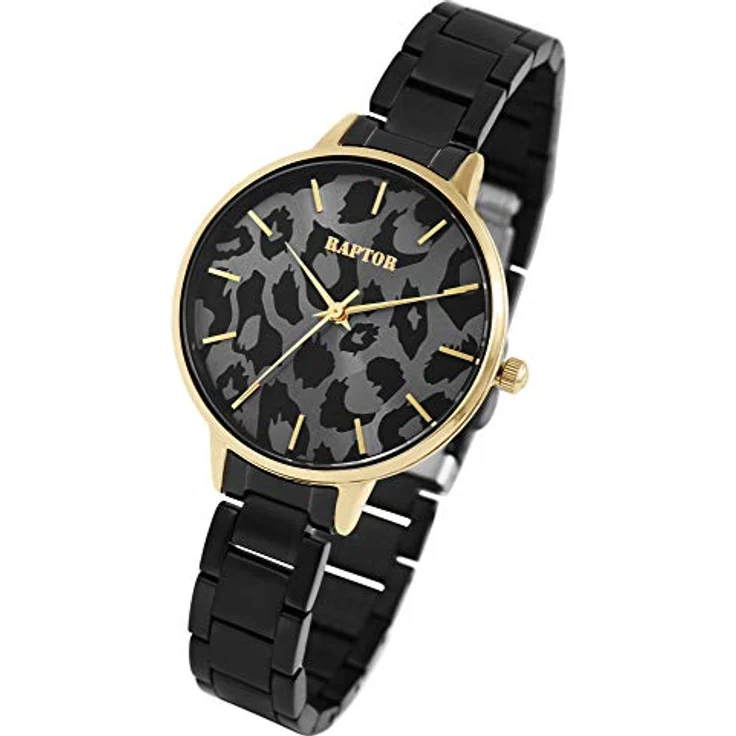 Raptor Damen-Uhr Edelstahl Armband Leo Print Animal Analog Quarz RA10186 (schwarz/goldfarbig) – Bild 2