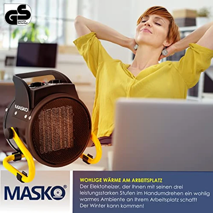 Masko® Elektroheizer Heizlüfter Bauheizer 2KW Keramik Heizstrahler 2000 Watt Elektroheizgebläse elektrisch Heizgerät mit Thermostat mit 3 Heizstufen Elektroheizung Heizgebläse für Innen- Außeneinsatz – Bild 3