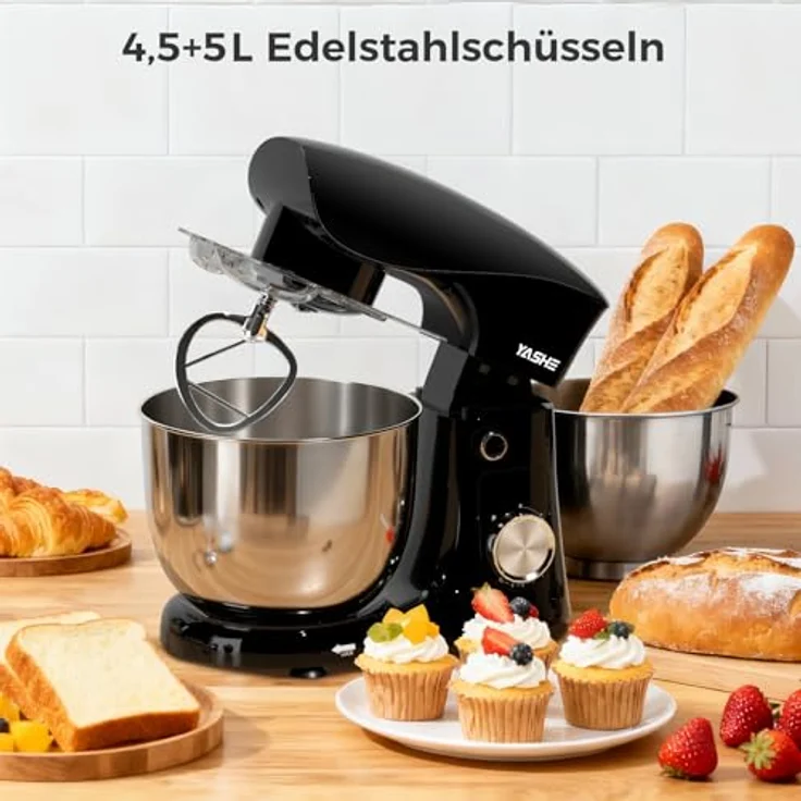 YASHE Küchenmaschine 1500W, Dual-Bowl-Design mit 4,5L und 5L Edelstahlschüsseln, 10 Geschwindigkeitsstufen, Kippkopf, inkl. Knethaken, Rührbesen und Schneebesen – Bild 4