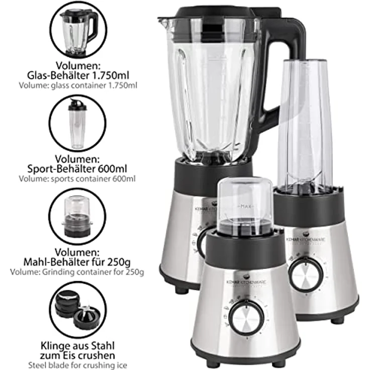 KeMar Standmixer 2-in-1 Edelstahl silber - 1,5l Glasbehälter 5 Programme 1000W abnehmbare Klinge - Smoothiemaker - inkl. 2Go Becher Trinkdeckel - Spülmaschinenfest, Blender, Reinigungsprogramm – Bild 3