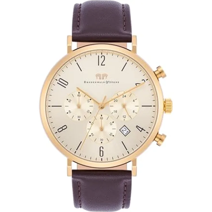 Rhodenwald & Söhne Herren Chronograph Uhr mit Japan Quarzwerk, 24-h-Anzeige, Stoppfunktion, braunes Echtlederarmband, Edelstahl-Gehäuse in Gelbgold, 42 mm, wasserdicht bis 5 ATM