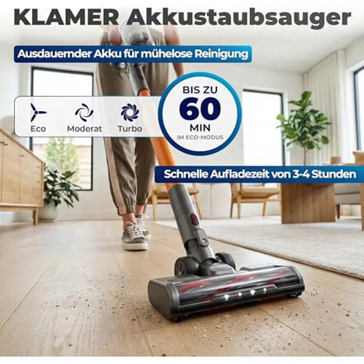KLAMER Akku Staubsauger 2-in-1, kabellos & Handstaubsauger mit 60 min Akkulaufzeit, für Teppich, Auto, Hartböden, Polster & Tierhaare, LED-Bodenkopfbeleuchtung – Bild 2
