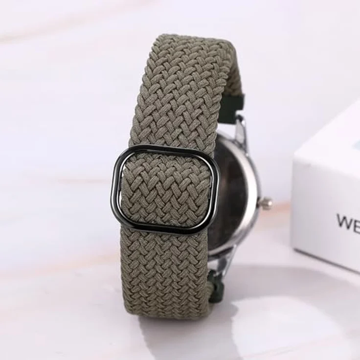 JewelryWe Geflochtene Elastische Damenuhr/Herrenuhr, Analog Quarz mit Kalender, grünes Gewebtes Stretcharmband, großes Zifferblatt mit 12/24 Stunden und Datumsanzeige – Bild 3