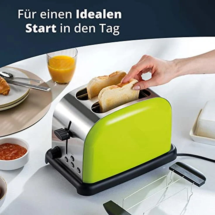 KHG Edelstahl Toaster TO-1005, 2 Scheiben mit Brötchenaufsatz, 6 Bräunungsstufen, 1000W, Limettengrün, Retro American Diner Style – Bild 3