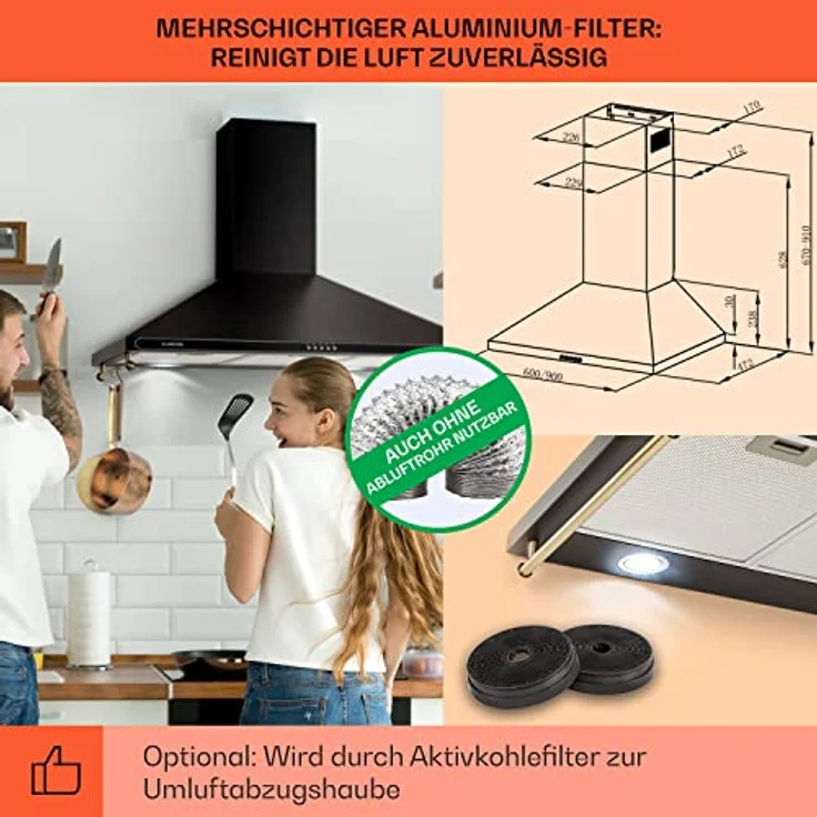 Klarstein Dunstabzugshaube für die Küche, Abzugshaube Umluft/Abluft, Dunstabzugshaube 90 cm, Dunstabzugshaube mit Spülmaschinenfestem Filter, Dunstabzug Leise, Dunstabzugshauben mit 645m³/h Luftstrom – Bild 5