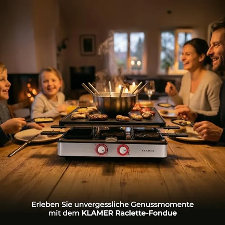 KLAMER Raclette Fondue Kombi 3-in-1 für 8 Personen, 2200 W, Edelstahl mit ILAG Antihaftbeschichtung, inkl. 8 Holzspatel, Pfännchen und Fonduegabeln, Deutsches Design Berlin – Bild 2