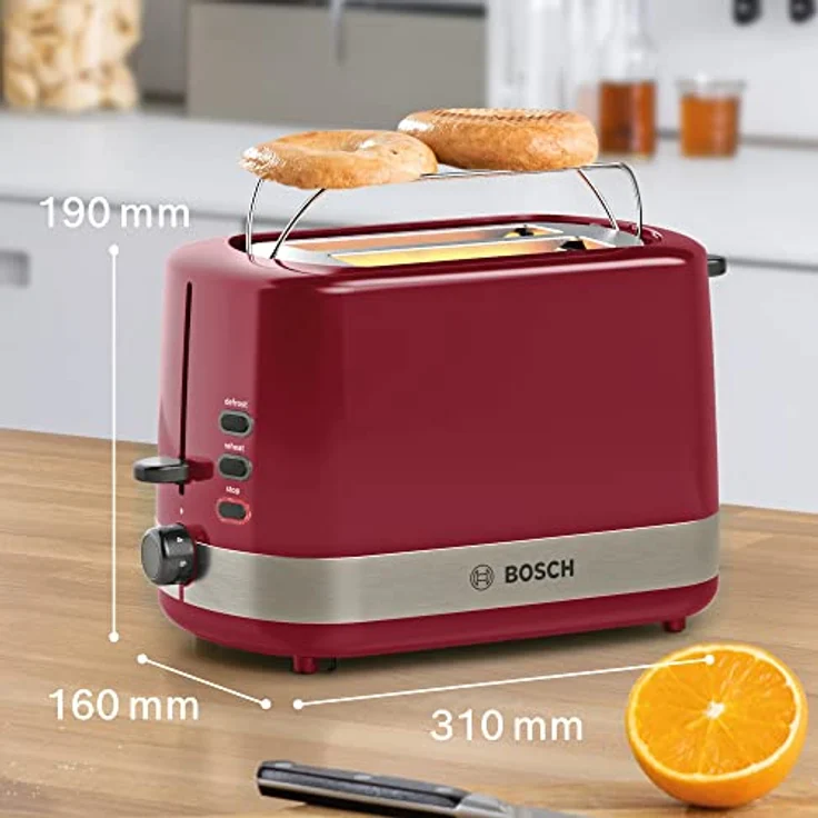 Bosch Kompakt Toaster TAT6A514, integrierter Edelstahl-Brötchenaufsatz, mit Abschaltautomatik, mit Auftaufunktion, perfekt für 2 Scheiben Toast, Liftfunktion, Brotzentrierung, 800 W, Edelstahl/rot – Bild 3
