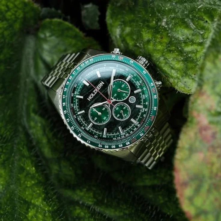 HOLZKERN Chronograph Herrenuhr Openhorizon, Marmor Grün/Silberfarben, Edelstahlband, Stoppuhr, Kalender, Japanisches Quarzwerk – Bild 4