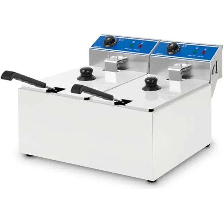 VERTES FM19-FRT8-2, Professionelle Edelstahl-Friteuse 2x 8 Liter, 60-200°C, 2x 2,8 kW, Kaltzonenprinzip, leichte Reinigung – Bild 1