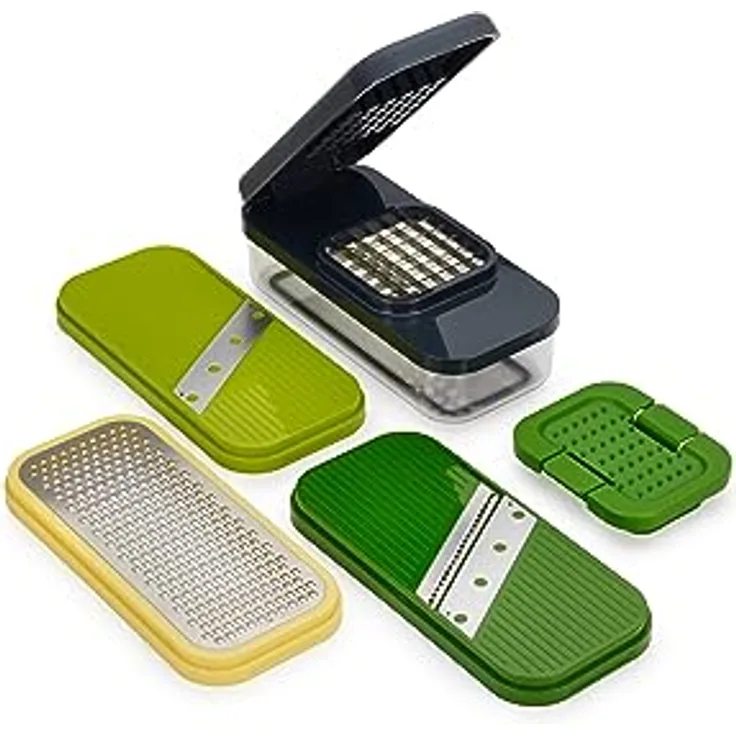 Joseph Joseph Multi-Prep Compact 4-in-1 Multifunktionsset, Gemüsehobel, Zwiebelschneider, Pommesschneider, Käsereibe, Madonline, Julienne-Schneider mit Behälter