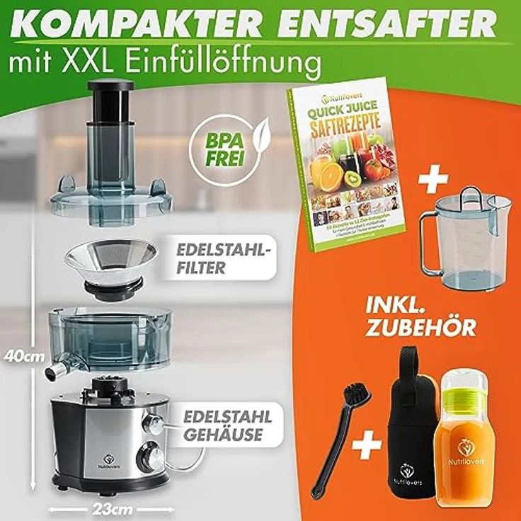 Nutrilovers QUICK-JUICER, Zentrifugalentsafter Edelstahl, 800W, 2 Geschwindigkeiten, XXL-Einwurf für ganze Früchte, BPA-frei, inkl. Trinkflasche & Rezeptbuch – Bild 2