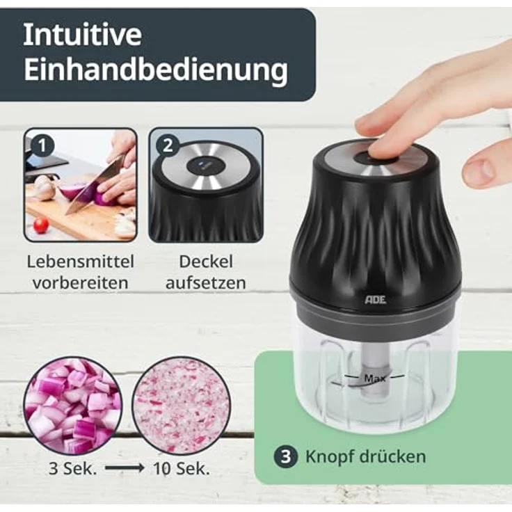 ADE Zwiebel Zerkleinerer elektrisch mit Akku, 150 ml Mini Mixer für Pesto, Kräuter, Soßen, Dips, inkl. USB-C Kabel, BPA-frei, Edelstahlklingen – Bild 5