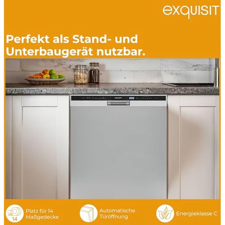 Exquisit GSP56314-030C PRO Geschirrspüler, 60 cm, unterbaufähig, 14 Maßgedecke, EEK C, automatische Türöffnung, 11 Liter, silber – Bild 3