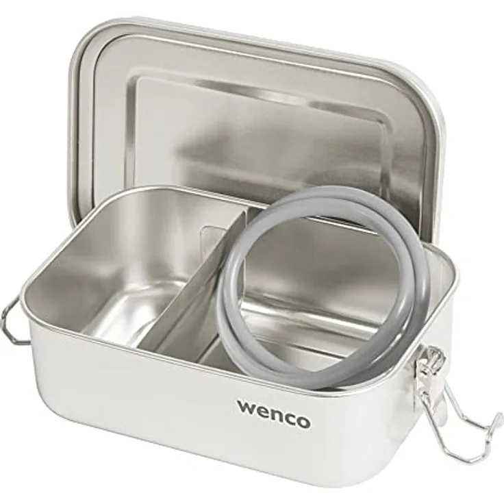 Wenco Premium Lunchbox aus Edelstahl, Mit 2 Fächern, Brotdose mit 800 ml Fassungsvermögen (650 ml Netto-Inhalt), Wasserdicht, Spülmaschinengeeignet, inkl. Ersatz-Silikonring, 15 x 11,3 x 5 cm, Silber