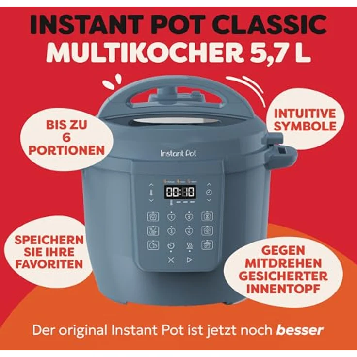 Instant Pot 7-in-1 Multikocher 5,7L – Schnellkochtopf, Schongarer, Dampfgarer, Joghurtbereiter, Edelstahl, Farbe Blau – Bild 2