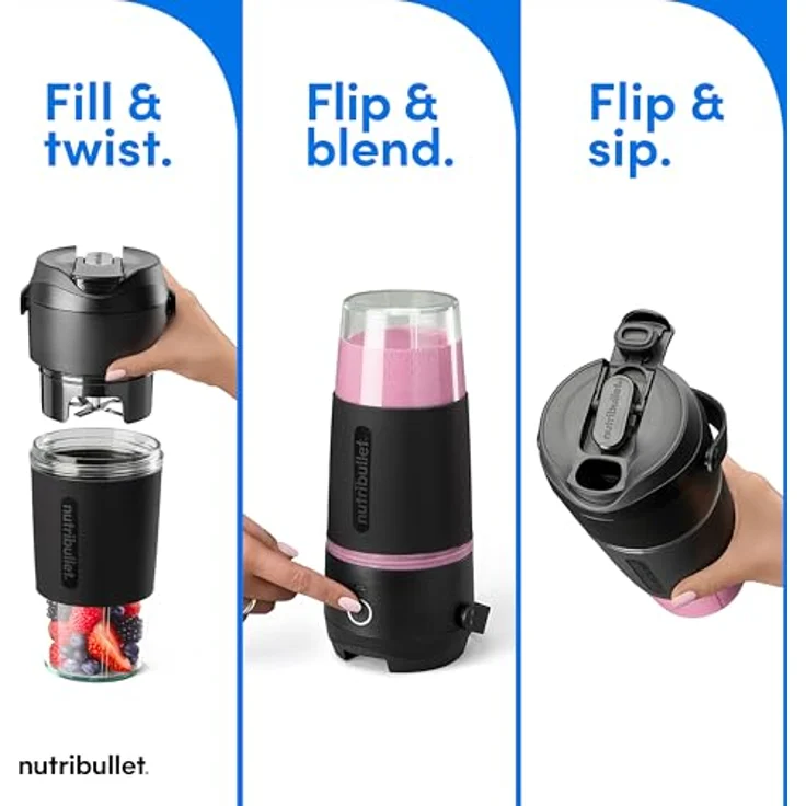 NutriBullet Flip NBPB10350 Tragbarer Mixer mit Tritan-Becher, Schwarz, USB-C-Ladeanschluss, 50% mehr Akkuleistung – Bild 3