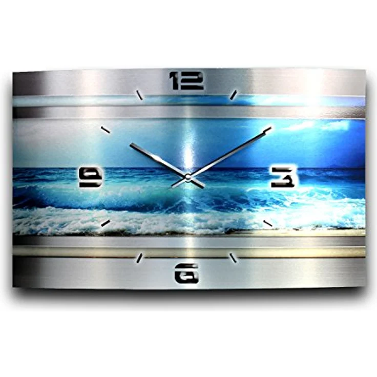Kreative Feder Blue Ocean Metallic Designer Funk Wanduhr * Made in Germany * leises Funkuhrwerk * 50x30cm * Alu-Verbund - Wanduhr – Bild 1