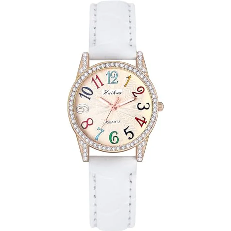 JewelryWe Armbanduhr Damen, Leder mit Glitzer Strass und Regenbogen großen arabischen Zahlen, Weiß, Analog Quarz, 10m wasserdicht – Bild 1