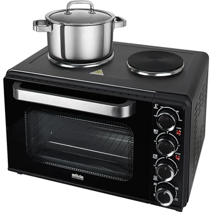 Silva Schneider Kleinküche KK 3200, 30 l Garraum mit Umluft, 3200W Gesamtleistung, 2 Kochplatten, inkl. Pizzastein & Drehspieß, schwarz – Bild 2