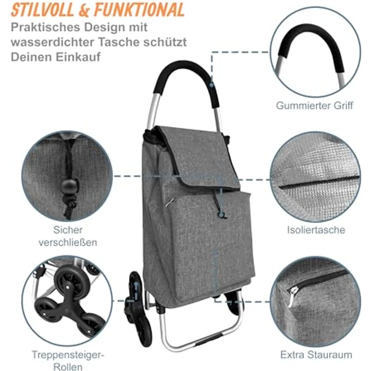 relaxdays Einkaufstrolley Treppensteiger 45 l, Einkaufsroller mit Kühlfach und Treppensteigerrädern, grau – Bild 3
