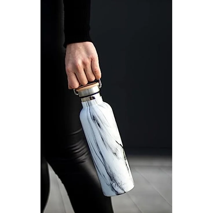 Milu Edelstahl Trinkflasche 750ml, doppelwandige Thermosflasche mit Strohhalm, auslaufsicher, kohlensäuregeeignet, Marble – Bild 5
