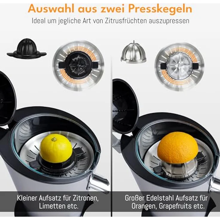 Leben Lang Zitruspresse 600W, elektrische Saftpresse mit Hebel und zwei Presskegeln für Zitronen und Orangen, BPA-frei und spülmaschinenfest – Bild 2
