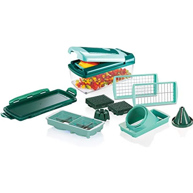 Genius A34035 Nicer Dicer Fusion smart Gemüseschneider-Set 12tlg-Zerkleinerer mit Auffangbehälter, XXL-Messereinsatz & Julietti-Spiraleinsatz | Würfel, Stifte, Viertel, Achtel, Julietti, PP – Bild 1
