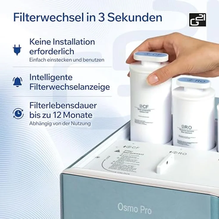 G21 Osmo Pro Wasserfilteranlage mit Umkehrosmose, Wasserstoffgenerator und 30 l/h Fördermenge, 6 l Tank, Heiß- und Kaltwasserfunktion, TDS-Anzeige, weiß – Bild 8