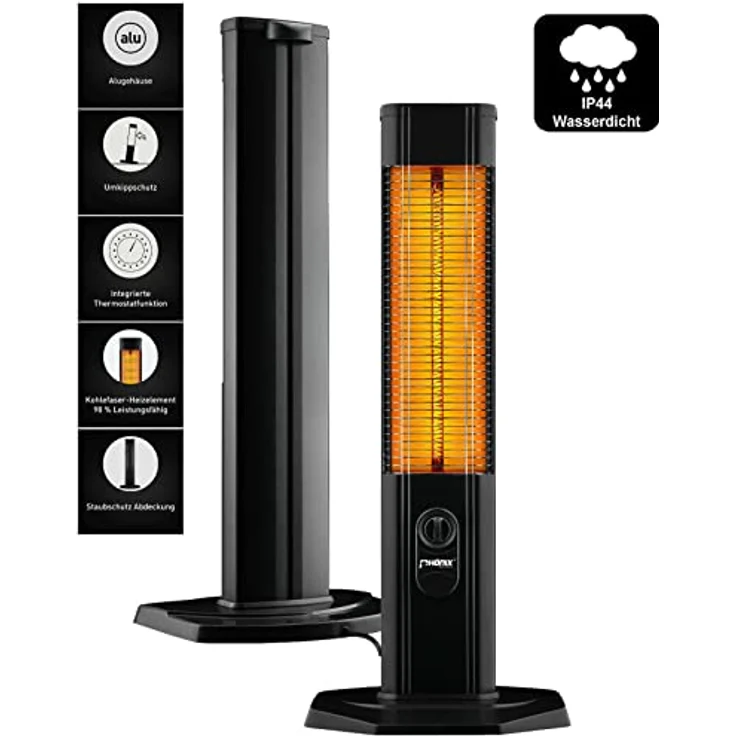 Phönix PCH-2000T Infrarot Standheizstrahler Carbon Heizstrahler Terassenheizung | IP44 | Für Indoor & Outdoor | 2000 Watt | Thermostat | Abdeckhaube | Alu-Gehäuse | Umkippschutz – Bild 1