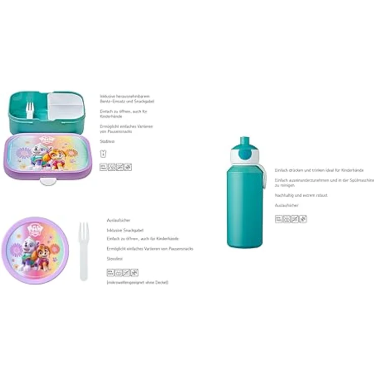 Mepal Campus Lunchset Paw Patrol Girls | Fruchtbox, Bentobox & Trinkflasche | Spülmaschinenfest & BPA-frei | 300, 400 & 750 ml | Mit Fächern, Gabel & Clip-Verschluss | Perfekt für Mahlzeiten – Bild 2