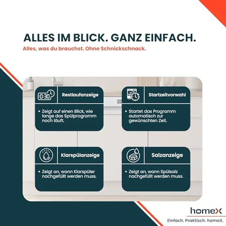 homeX DWSI601449E Geschirrspüler 60 cm, teilintegrierbar, 14 Maßgedecke, 6 Programme, leise mit 49 dB, Energieeffizienzklasse E – Bild 9