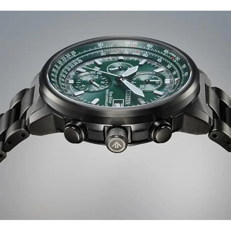 Citizen AT8304-57W Promaster Sky, Herren Funk Solar Chronograph, Edelstahlgehäuse gunmetalfarben, 42mm, grünes Zifferblatt – Bild 5