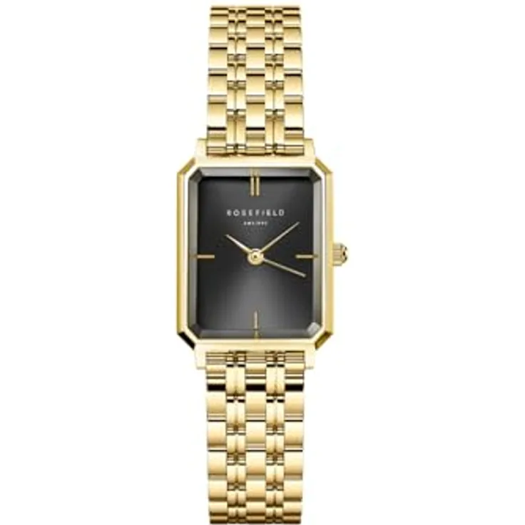 Rosefield Octagon XS Black Gold, Armbanduhr mit schwarzem Ziffernblatt, 19,5x24 mm goldfarbenem Edelstahlgehäuse, wasserdicht bis 3 ATM