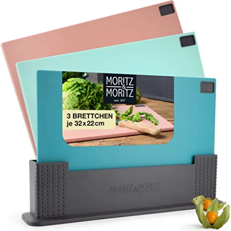 Moritz & Moritz 3x Schneidebrett Kunststoff Set - 32 x 22 cm - Im praktischen Ständer – Küchenbrett Groß – Spülmaschinengeeignet und hygienisch