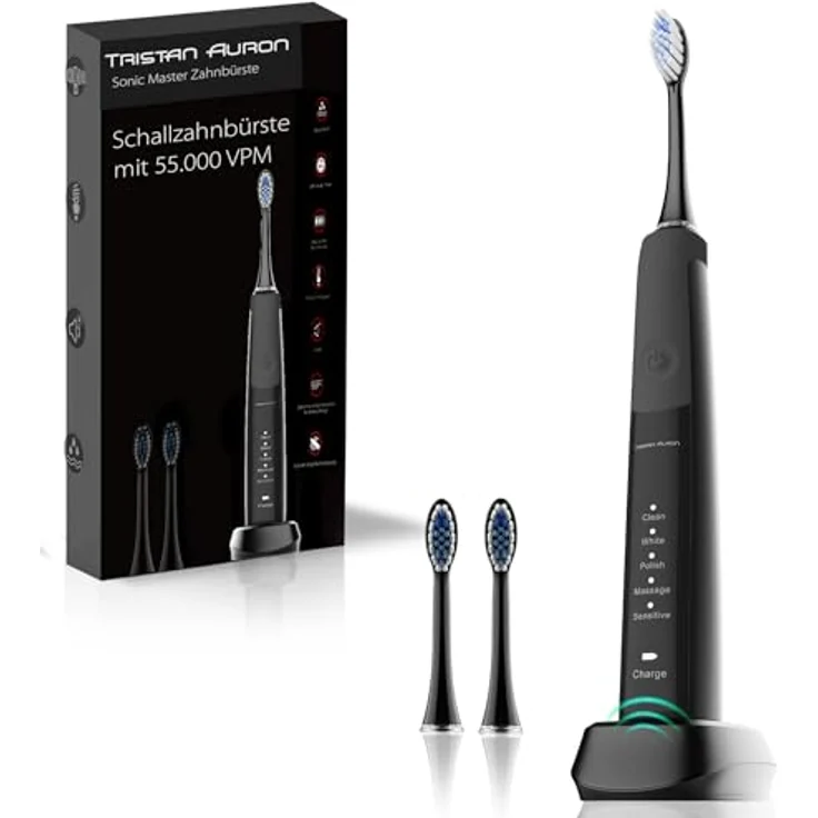 Tristan Auron Sonic Master Schallzahnbürste 55000 VPM - 60 Tage Akku - 2x Aufsätze - 5 Putzmodi - Wasserdicht - Ladegerät SonicMaster, Schwarz – Bild 1