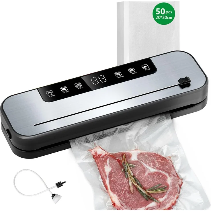 FANNOU 6-in-1 Vakuumierer, Profi-Vakuumiergerät mit Edelstahl-Gehäuse, 75 kPa Saugkraft, inkl. 50 Vakuumier-Beutel und Schlauch