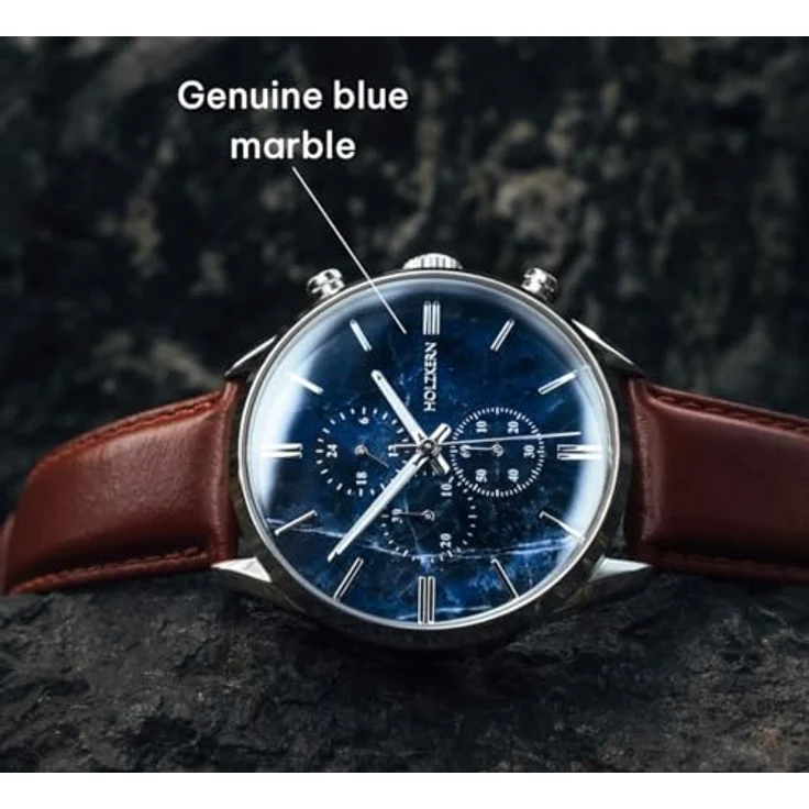 HOLZKERN Herrenuhr Chronograph Naturalist, Marmor/Silberfarben mit japanischem Quarzwerk, Datumsanzeige und Lederarmband – Bild 2