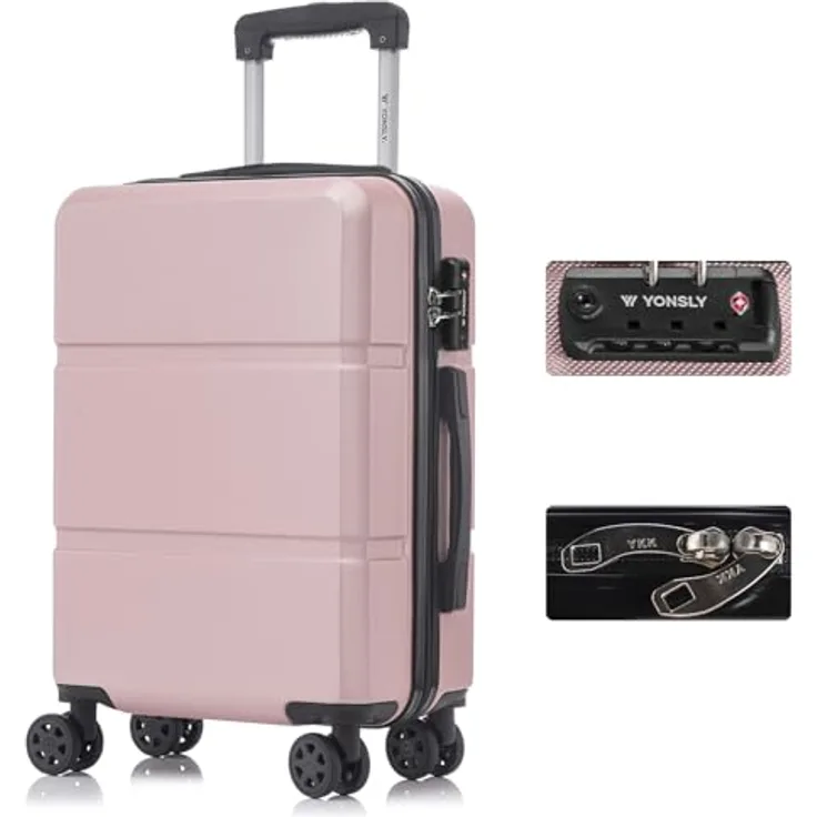 yonsly Reisekoffer M, Hartschalen-Koffer mit TSA-Schloss, YKK-Reißverschluss, 4 Rollen, Roségold, Handgepäck (56x37x23 cm, 2,4 kg)