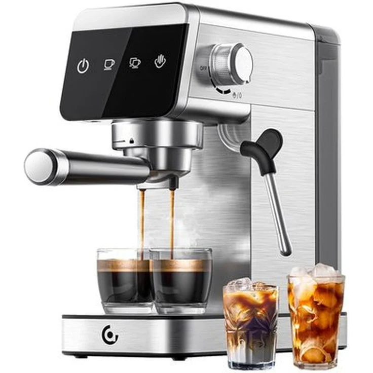 AMZCHEF CE-AZ-EM1501-SV Kolben-Kaffeemaschine, Edelstahlgehäuse, Touch-Bedienfeld, Silber