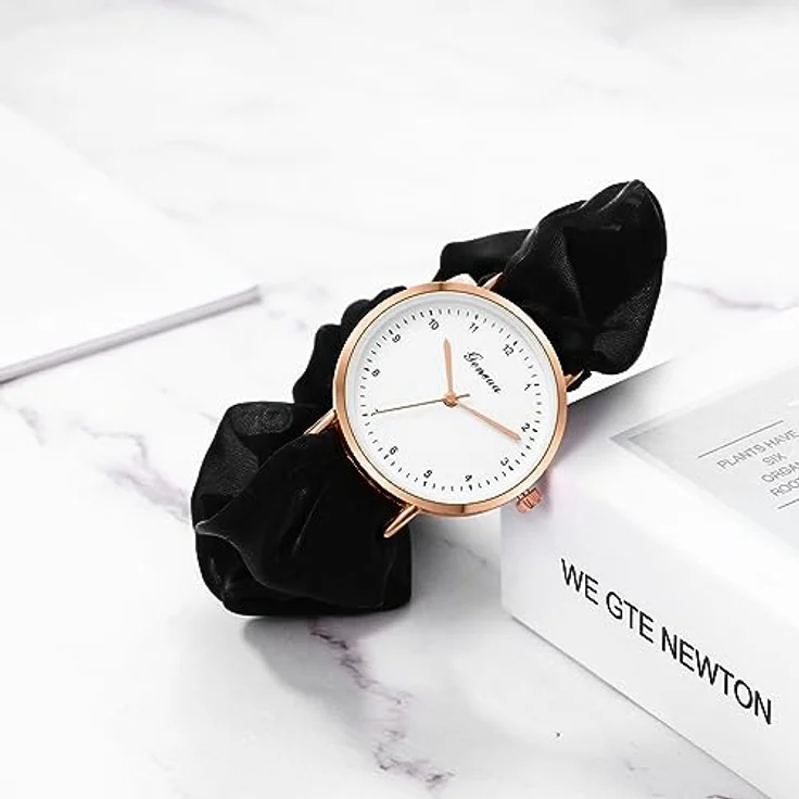 JewelryWe Damen Armbanduhr mit elastischem Haarband, Analoge Quarz-Uhr mit Schwarz Haargummi, klassisches Design und präziser Zeitanzeige – Bild 5