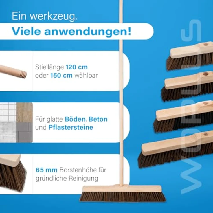 Prima-Online Holz Besenkopf Hausbesen mit Stiel, 35 cm Breite, 22 mm Gewinde, wahlweise 120 cm oder 150 cm Stiellänge, PET-Borsten in braun/schwarz – Bild 8