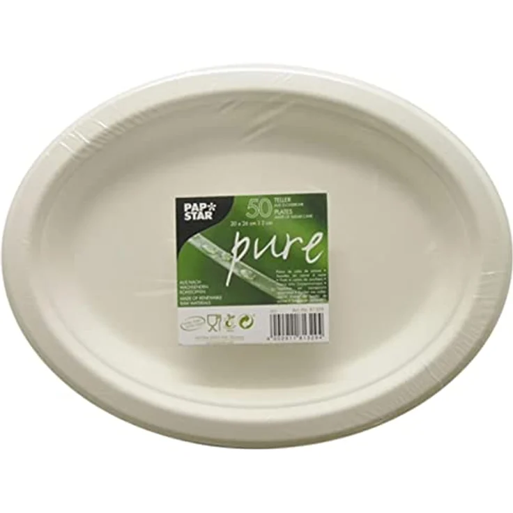 Papstar Pappteller Einwegteller weiß, oval pure (50 Stück), 26 x 20 x 2 cm, aus Zuckerrohr, für Feste Geburtstage Feiern, mikrowellengeeignet – Bild 3
